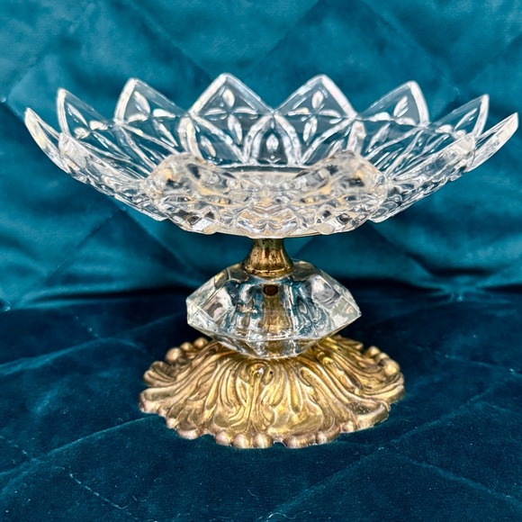Crystal Sky Other - Vintage Hollywood Regency Crystal Candy Compote Bowl Decorative Brass Pedastal